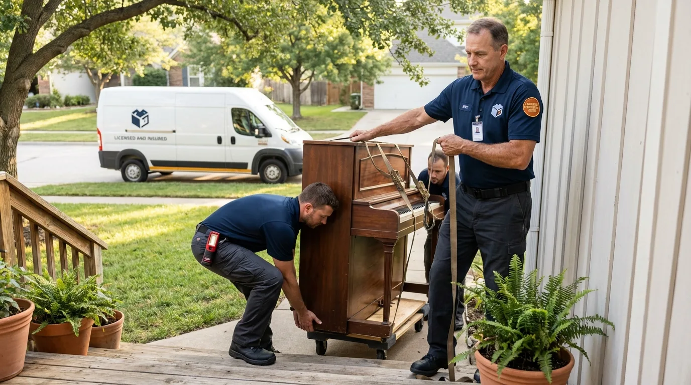 Licensed piano movers securing grand piano in Crestline, OH