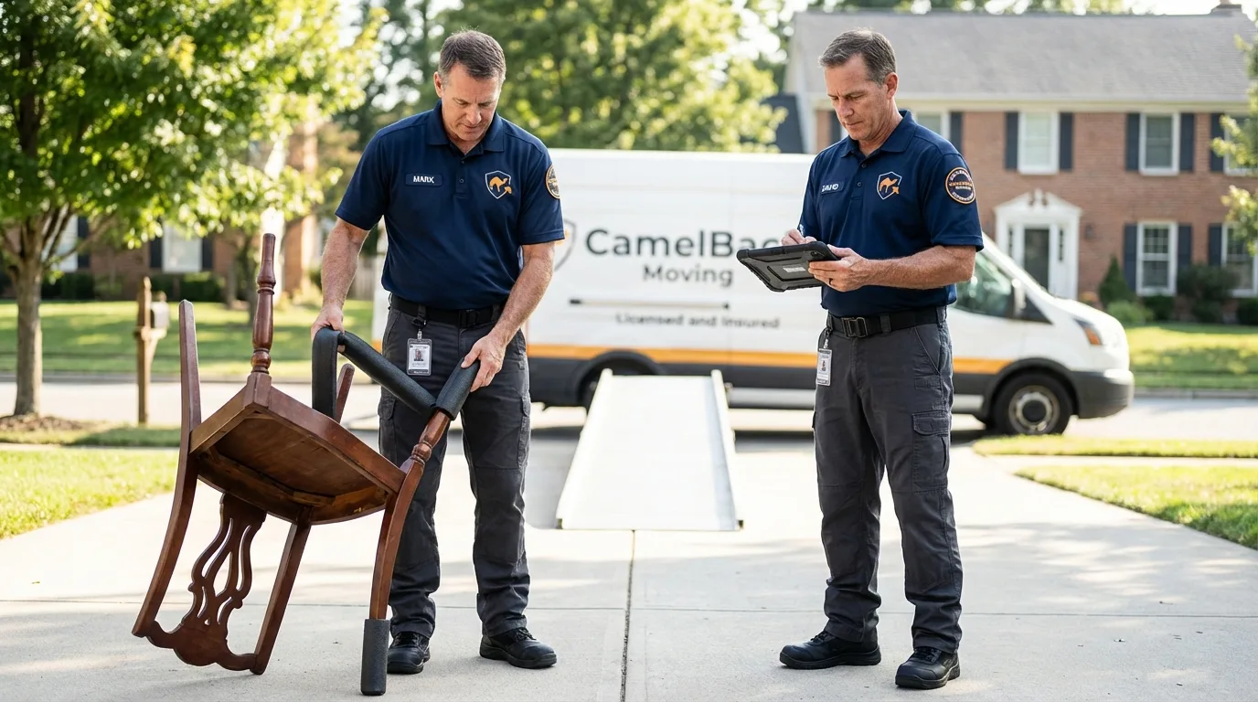 Movers inspecting furniture for damage prevention before loading in Crestline, OH