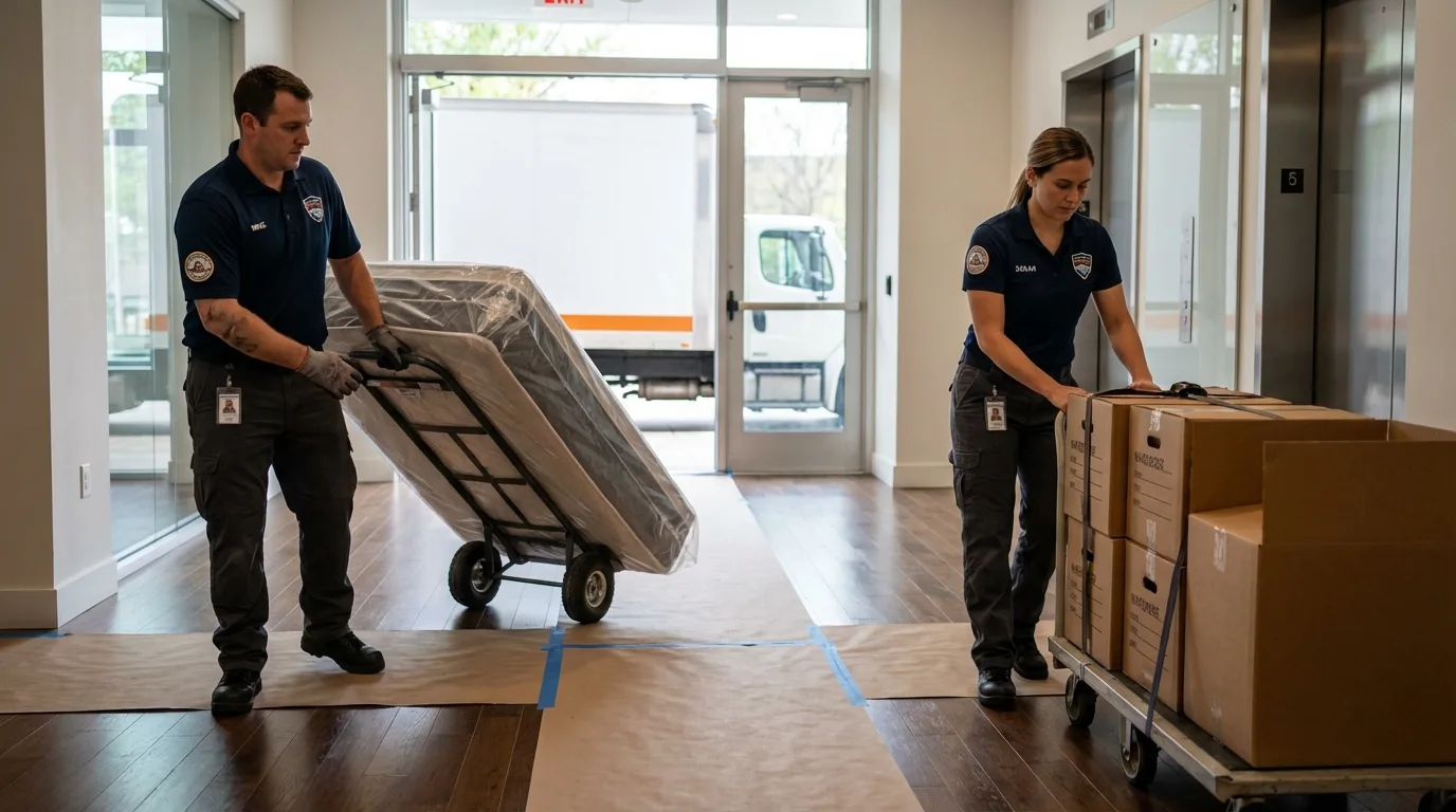 Professional apartment movers loading elevator in Crestline, OH